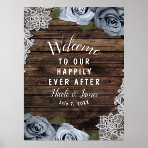 Rustic Wood Dusty Blue Rose Foto Hochzeit Willkomm Poster