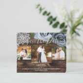 Rustic Wood Dusty Blue Rose Foto Save the Date (Stehend Vorderseite)