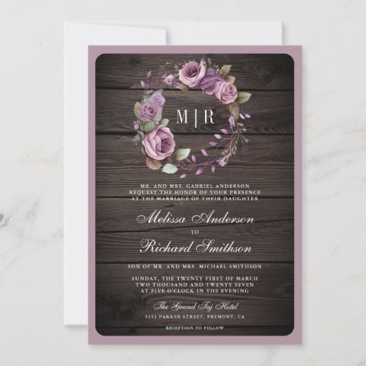Rustic Wood Dusty Lila Floral QR Code Wedding Einladung (Vorderseite)
