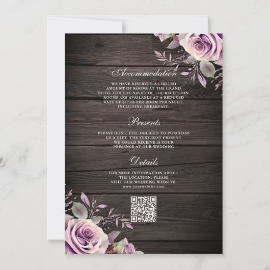 Rustic Wood Dusty Lila Floral QR Code Wedding Einladung
