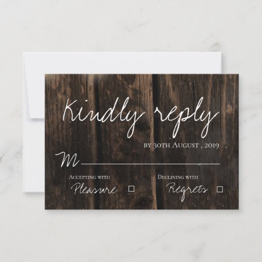 Rustic Wood Elegant Script Wedding RSVP Karte (Vorderseite)