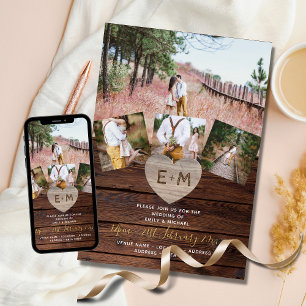 Rustic Wood Engraved Heart PHOTO COLLAGE WEDDINGs Einladung