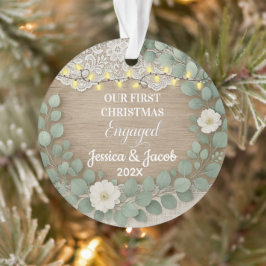 Rustic Wood & Eucalyptus First Christmas Engaged Ornament