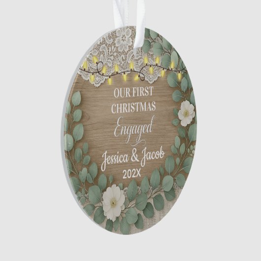 Rustic Wood & Eucalyptus First Christmas Engaged Ornament (Vorderseite)