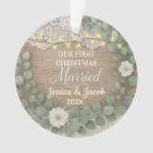 Rustic Wood & Eucalyptus First Christmas Married Ornament (Vorderseite)