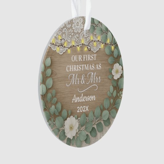 Rustic Wood & Eucalyptus Mr & Mrs Christmas Ornament (Vorderseite)