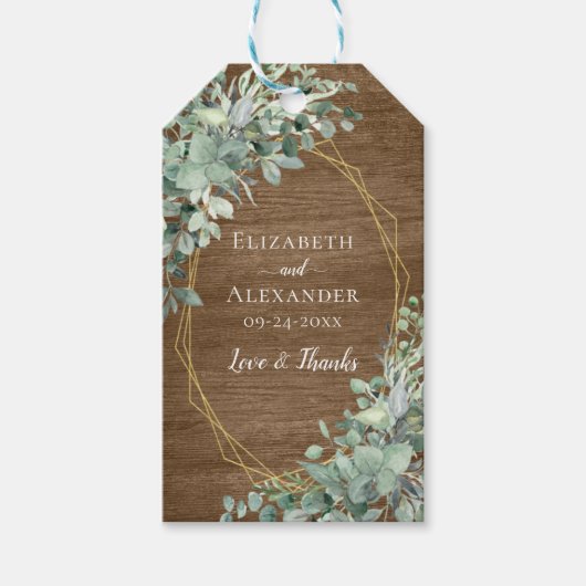 Rustic Wood Eukalyptus Greenery Geometric Wedding Geschenkanhänger (Vorderseite)