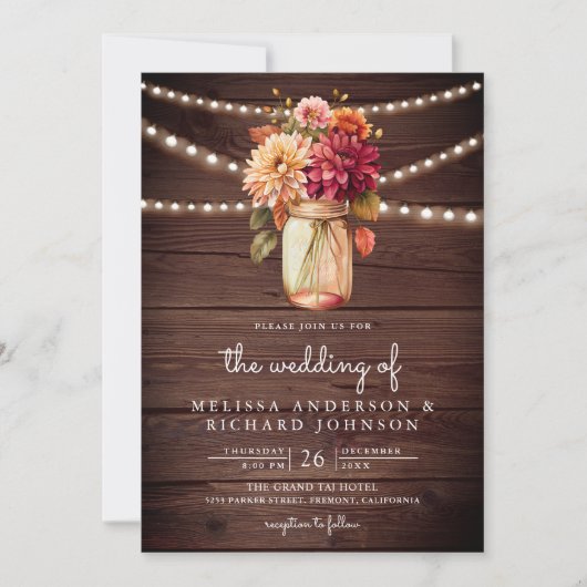 Rustic Wood Fall Dahlia Mason Jar QR Code Wedding Einladung (Vorderseite)