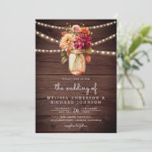 Rustic Wood Fall Dahlia Mason Jar QR Code Wedding Einladung (Stehend Vorderseite)