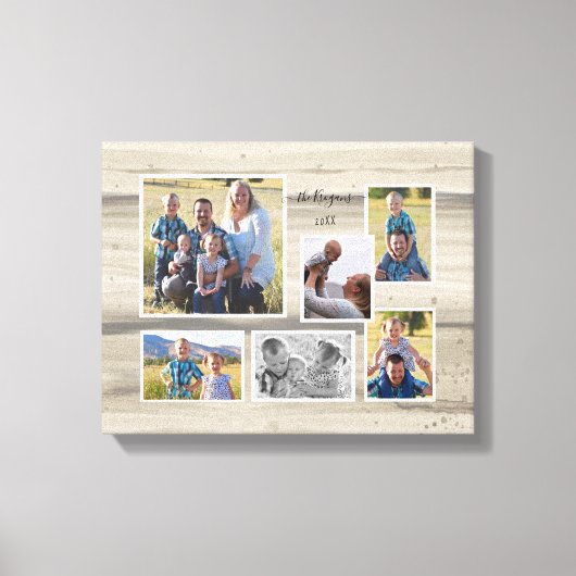 Rustic Wood Family Foto Collage Script Name 6 Leinwanddruck (Vorderseite)