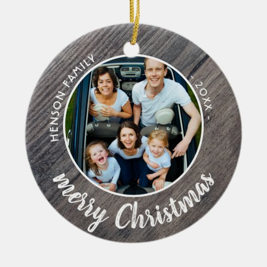 Rustic Wood Family Foto Frohe Weihnachten Keramik Ornament (Vorne)
