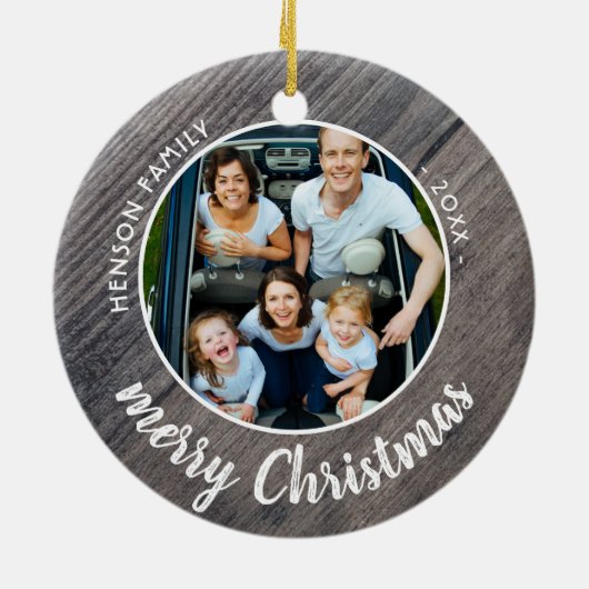 Rustic Wood Family Foto Frohe Weihnachten Keramik Ornament (Hinten)