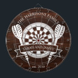 Rustic Wood Family Individuelle Name Hochzeit Dartscheibe<br><div class="desc">Der Rustic Wood Family Individuelle Name Wedding Dart Board bietet eine charmante und personalisierte Ergänzung zu Ihrer Hochzeit oder Wohngestaltung. Dieses mit rustikalem Holzkornhintergrund entworfene Dartboard kann an den Nachnamen und das Hochzeitstermin des Paares angepasst werden, wodurch ein einzigartiger Sake für frisch vermählte Jungen entsteht. Ideal als lustiges Spiel für...</div>