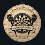 Rustic Wood Family Individuelle Name Hochzeit Dartscheibe<br><div class="desc">Der Rustic Wood Family Individuelle Name Wedding Dart Board bietet eine charmante und personalisierte Ergänzung zu Ihrer Hochzeit oder Wohngestaltung. Dieses mit rustikalem Holzkornhintergrund entworfene Dartboard kann an den Nachnamen und das Hochzeitstermin des Paares angepasst werden, wodurch ein einzigartiger Sake für frisch vermählte Jungen entsteht. Ideal als lustiges Spiel für...</div>
