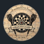 Rustic Wood Family Individuelle Name Hochzeit Dartscheibe<br><div class="desc">Der Rustic Wood Family Individuelle Name Wedding Dart Board bietet eine charmante und personalisierte Ergänzung zu Ihrer Hochzeit oder Wohngestaltung. Dieses mit rustikalem Holzkornhintergrund entworfene Dartboard kann an den Nachnamen und das Hochzeitstermin des Paares angepasst werden, wodurch ein einzigartiger Sake für frisch vermählte Jungen entsteht. Ideal als lustiges Spiel für...</div>