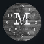 Rustic Wood Family Name Monogram Black And White Große Wanduhr<br><div class="desc">Monogrammed wall clock with a  black wood texture background. Personalize the family clock with your family name and monogram initial letter. Credit: Photo by Michael Mroczek on Unsplash</div>