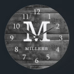 Rustic Wood Family Name Monogram Black And White Große Wanduhr<br><div class="desc">Monogrammed wall clock with a  black wood texture background. Personalize the family clock with your family name and monogram initial letter. Credit: Photo by Michael Mroczek on Unsplash</div>
