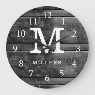 Rustic Wood Family Name Monogram Black And White Große Wanduhr