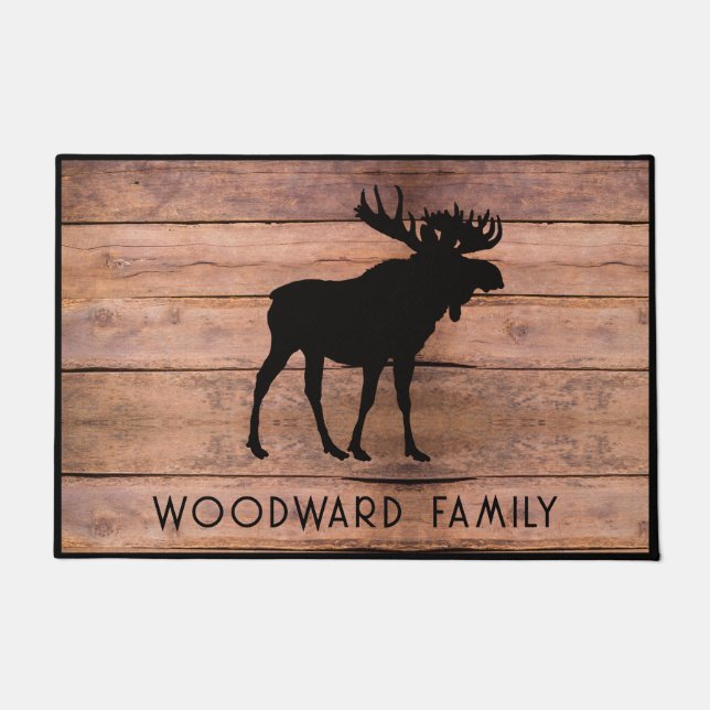 Rustic Wood Family Name Moose Silhouette Fußmatte (Vorderseite)