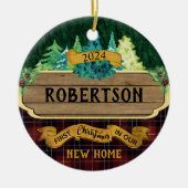 Rustic Wood First Christmas New Zuhause Keramik Ornament (Vorne)