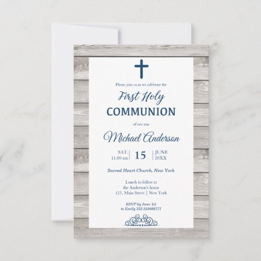 Rustic Wood First Communion Religious event Einladung (Vorderseite)