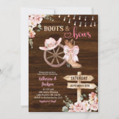 Rustic Wood Floral Boots and Bows Baby Shower Einladung (Vorderseite)