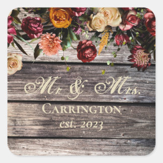 Rustic Wood Floral Mr. & Mrs. Wedding Quadratischer Aufkleber