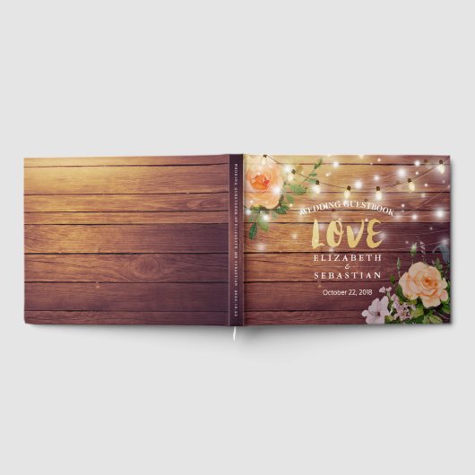 Rustic Wood Floral String Lights Wedbook Gästebuch (Voll)