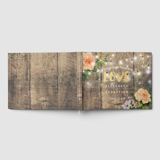Rustic Wood Floral String Lights Wedbook Gästebuch (Voll)