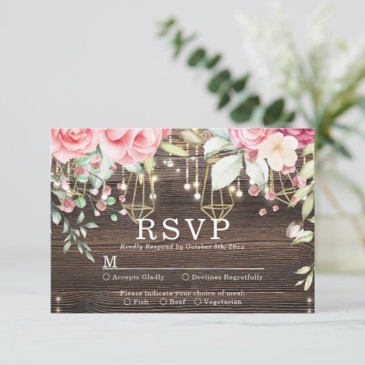 Rustic Wood Floral String lights Wedding rsvp (Stehend Vorderseite)