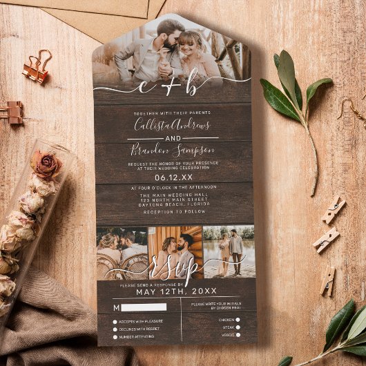 Rustic Wood Foto Monogram Wedding RSVP All In One Einladung