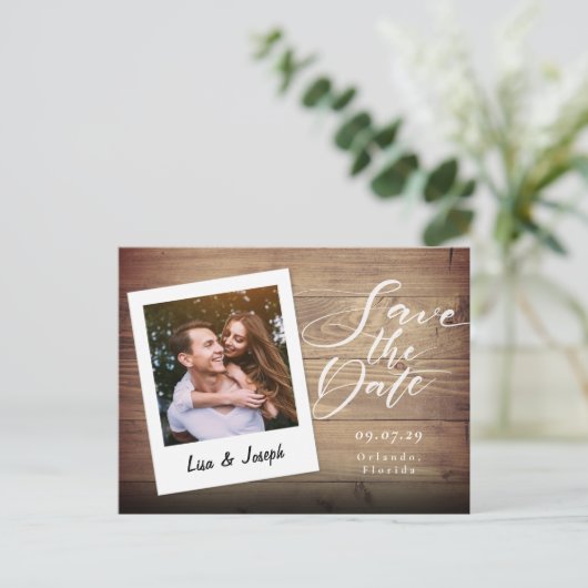 Rustic Wood Foto Skript Save the Date Postkarte (Stehend Vorderseite)