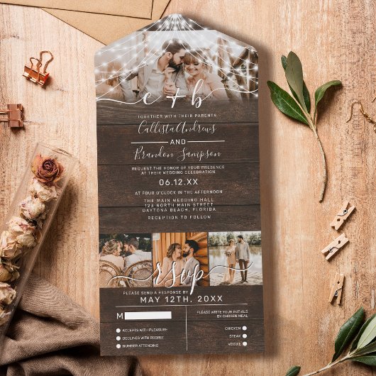 Rustic Wood Foto String Lights Wedding RSVP All In One Einladung