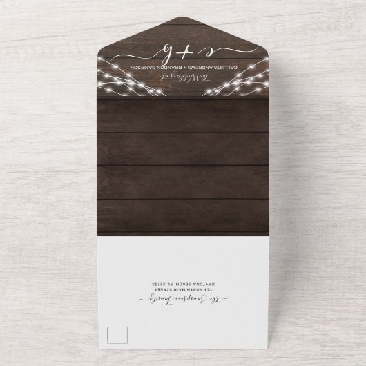 Rustic Wood Foto String Lights Wedding RSVP All In One Einladung (Außenbereich)