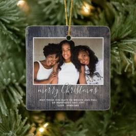Rustic Wood Frohe Weihnachts-Script Familie Foto Keramikornament