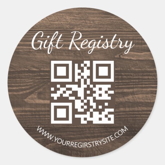 rustic wood gift registry qr code baby shower runder aufkleber (Vorderseite)