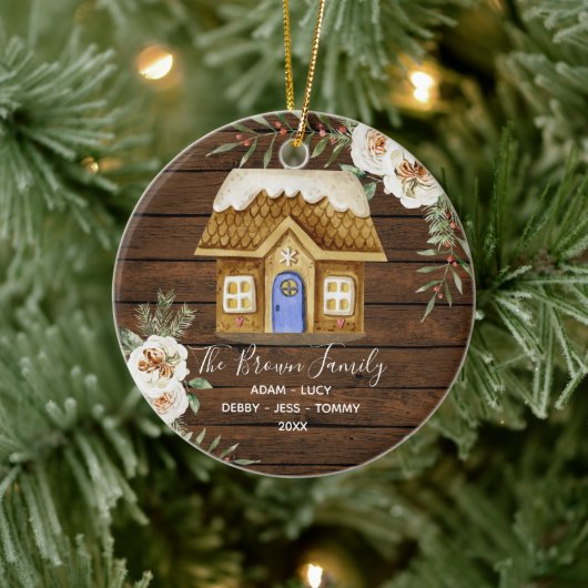 Rustic Wood Gingerbrew Familienweihenhaus Keramik Ornament (Baum)