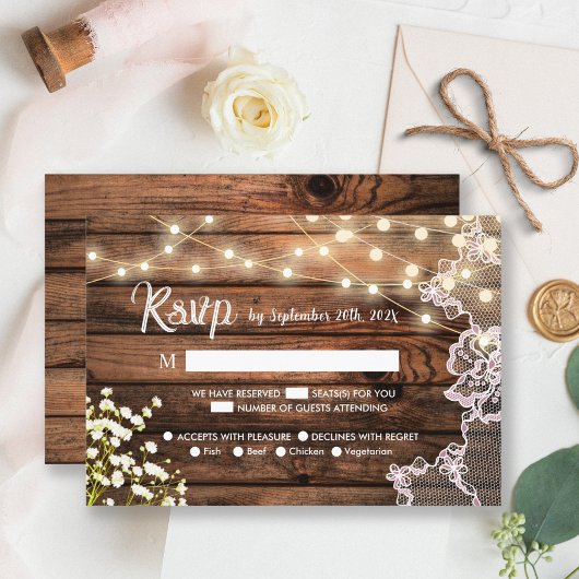 Rustic Wood Gipskraut & Lace Wedding RSVP Karte