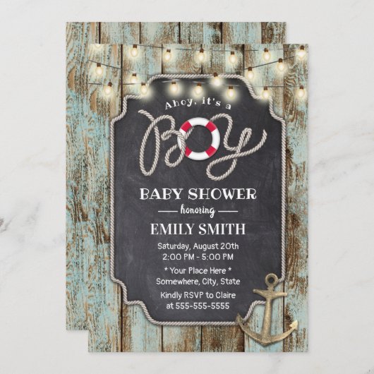 Rustic Wood Gold Anker Kinderdusche Einladung (Vorne/Hinten)