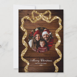 Rustic Wood Gold Family Foto Frohe Weihnachten Einladung