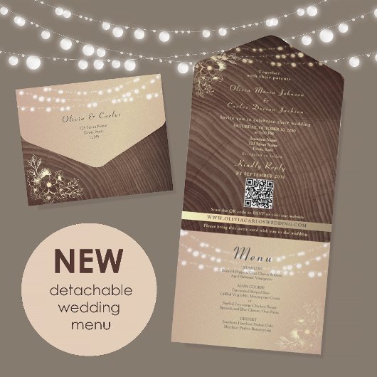 Rustic Wood Gold Floral Wedding All In One Einladung