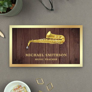 Rustic Wood Gold Foil Saxophone Music Teacher Visitenkarte