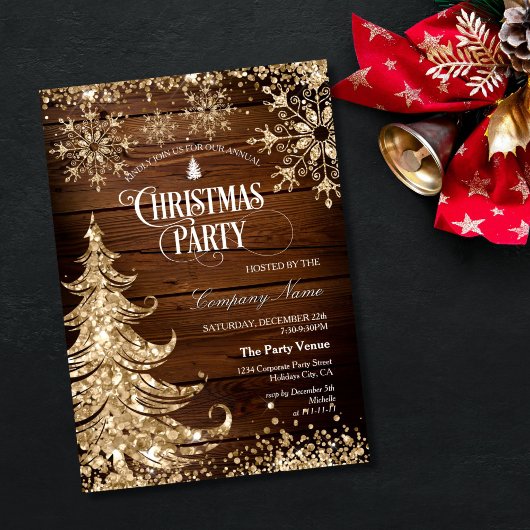 Rustic Wood Gold Glitter Corporate Christmas Party Einladung