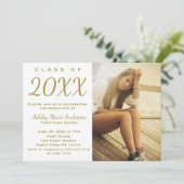 Rustic Wood Gold Graduation Party Foto Einladung (Stehend Vorderseite)