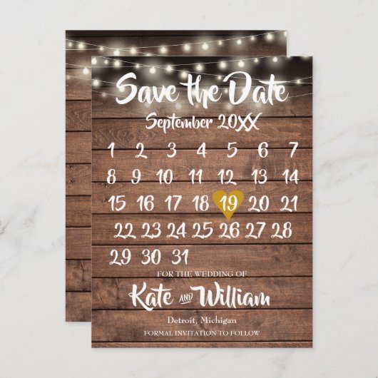 Rustic Wood Gold Herzkalender Save the Date Ankündigungspostkarte (Vorne/Hinten)
