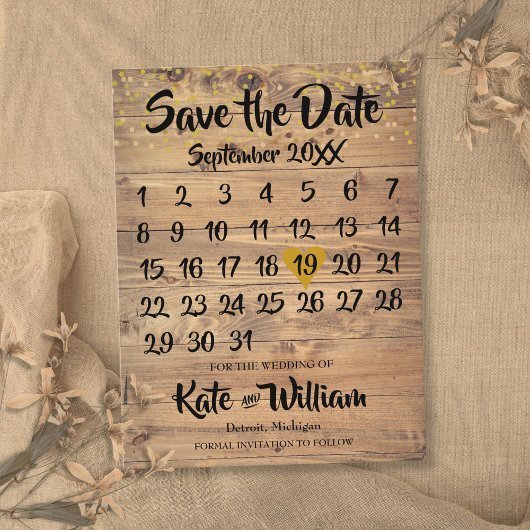 Rustic Wood Gold Liebe Herzkalender Save the Date Ankündigungspostkarte