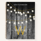 Rustic Wood Gold String Lights Monogram Sketchbook Notizblock (Vorderseite)