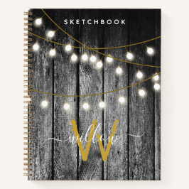 Rustic Wood Gold String Lights Monogram Sketchbook Notizblock