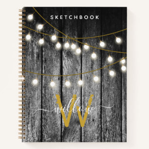 Rustic Wood Gold String Lights Monogram Sketchbook Notizblock