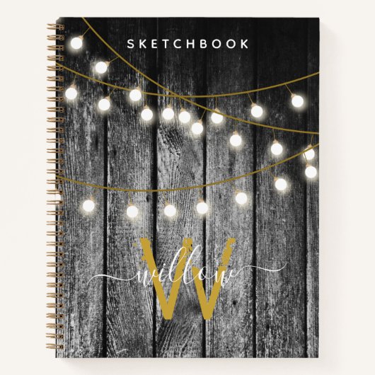 Rustic Wood Gold String Lights Monogram Sketchbook Notizblock (Vorderseite)